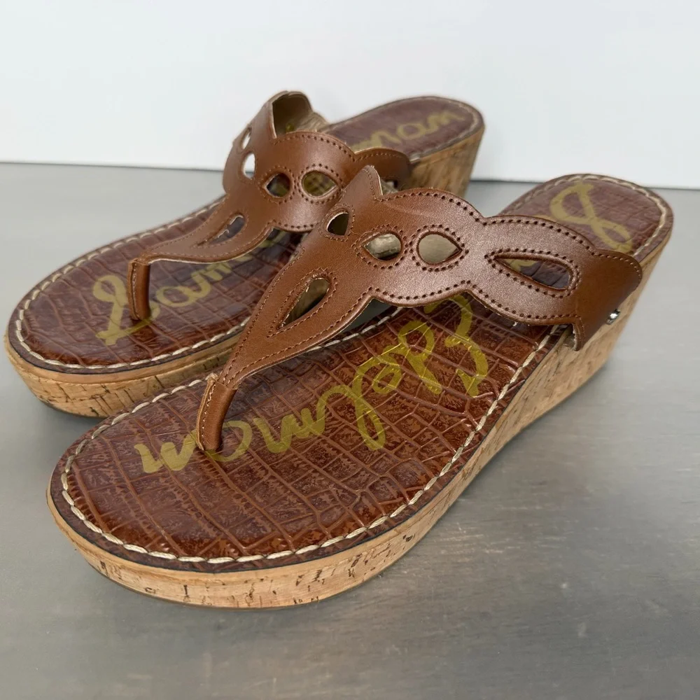 Sam Edelman Ralphie Wedge Sandals Womens 9.5 Brown Leather Cork Thong